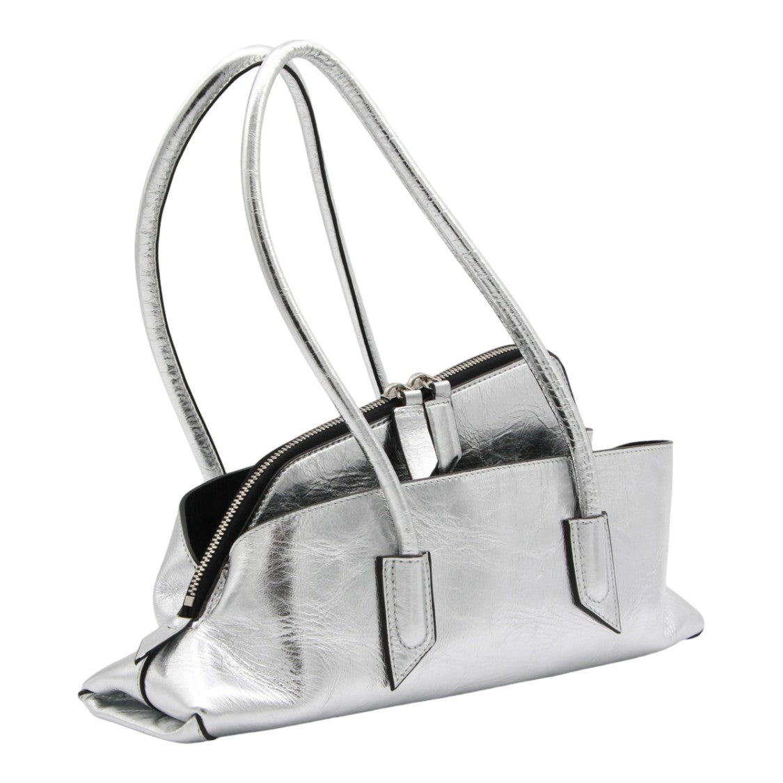 The Attico Metallic Silver Elongated Handbag With Textured Surface