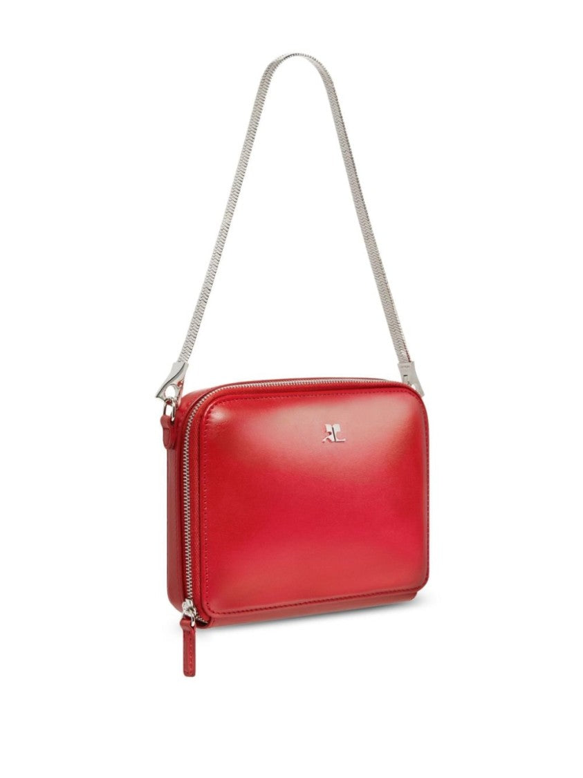 Courrèges Ruby Red Calf Leather Shoulder Bag With Silver-Tone Accents