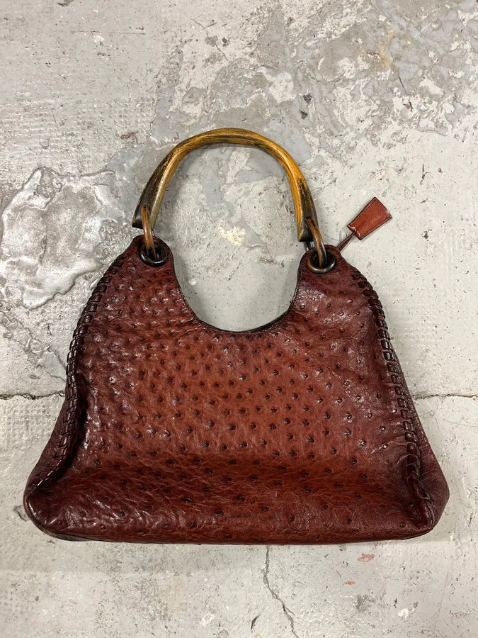 FW2002 Gucci by Tom Ford Ostrich Leather Wood Top Handle Brown Bag