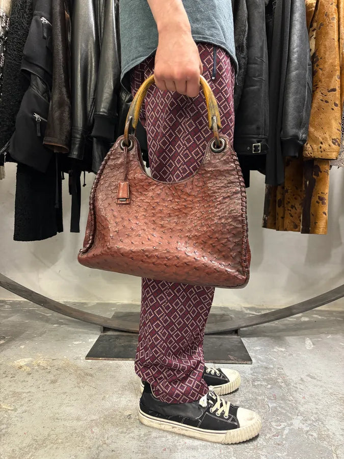 FW2002 Gucci by Tom Ford Ostrich Leather Wood Top Handle Brown Bag