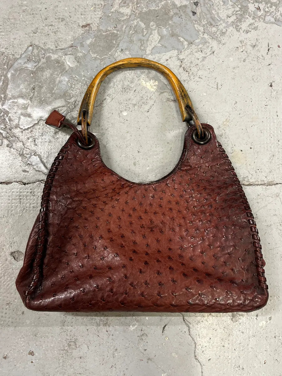 FW2002 Gucci by Tom Ford Ostrich Leather Wood Top Handle Brown Bag