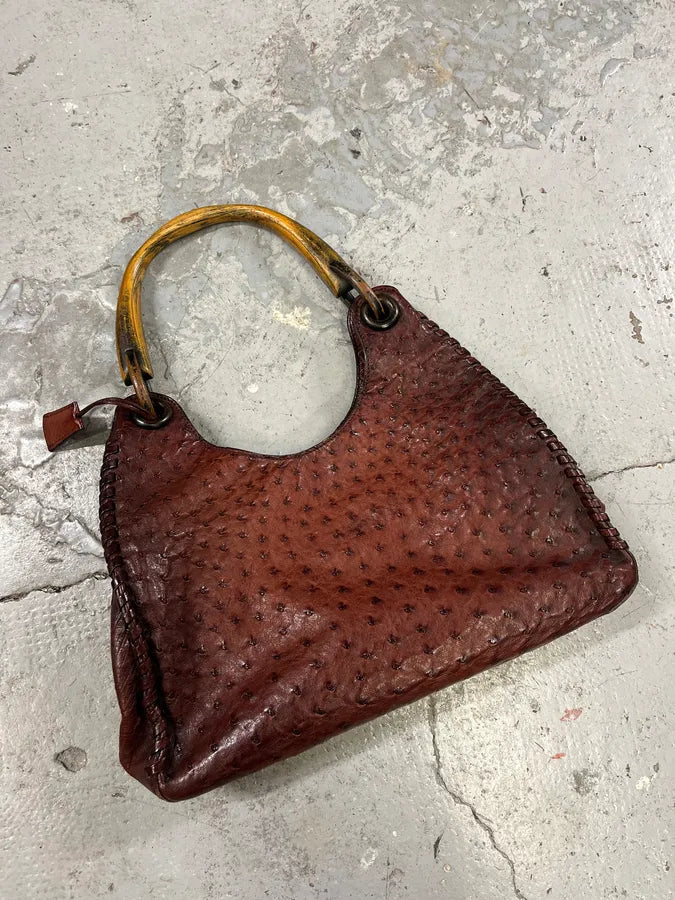 FW2002 Gucci by Tom Ford Ostrich Leather Wood Top Handle Brown Bag