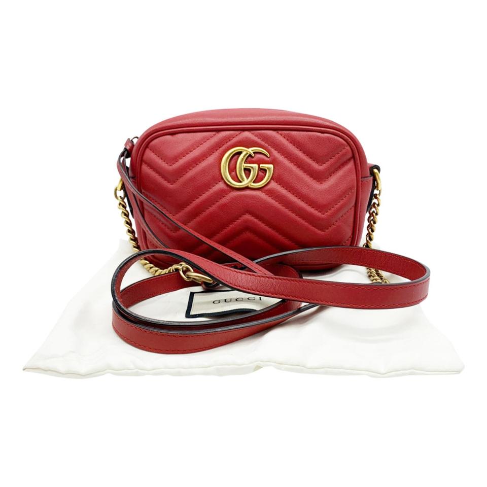 Gucci Chain Marmont Calfskin Matelasse Mini Gg Hibiscus Red Leather Shoulder Bag