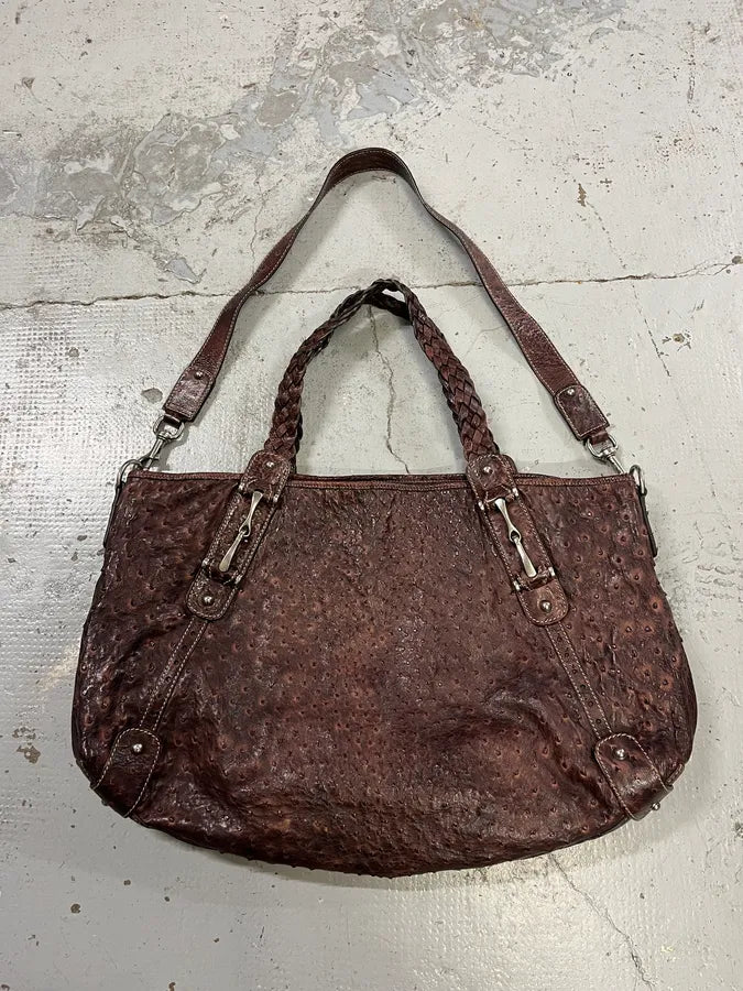 Gucci Hobo Ostrich Embossed Brown Bordeaux Leather Bag