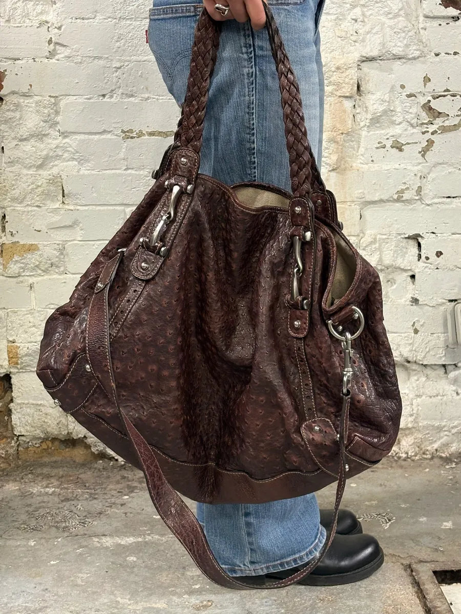 Gucci Hobo Ostrich Embossed Brown Bordeaux Leather Bag