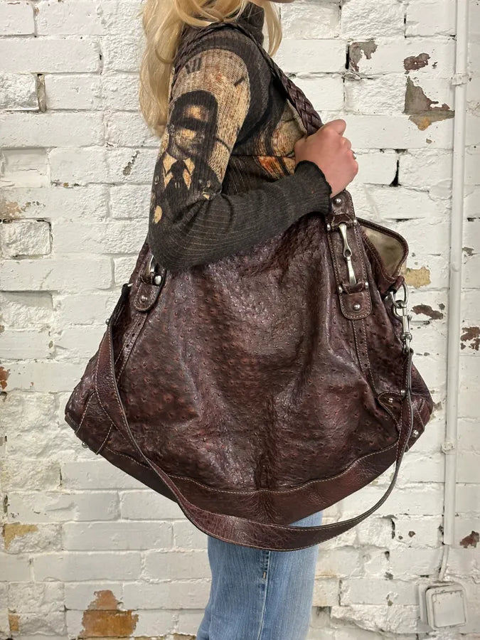 Gucci Hobo Ostrich Embossed Brown Bordeaux Leather Bag