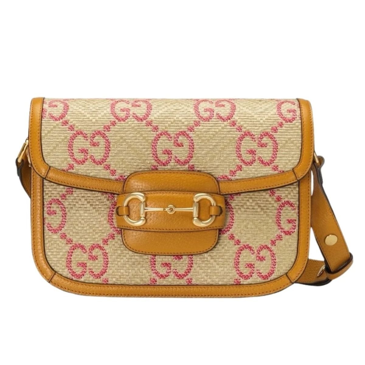 Horsebit 1955 Pink Raffia Shoulder Bag