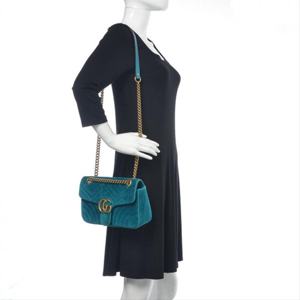 Gucci Marmont Matelasse Small Gg Petrol Blue Velvet Shoulder Bag