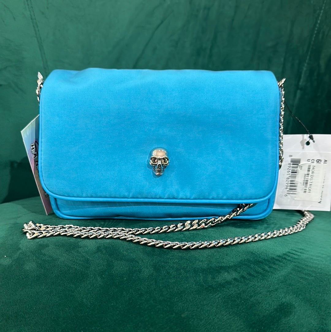 Alexander McQueen "Beautiful" Aqua Blue Nylon Crossbody Blue with Silver Skull and Chain