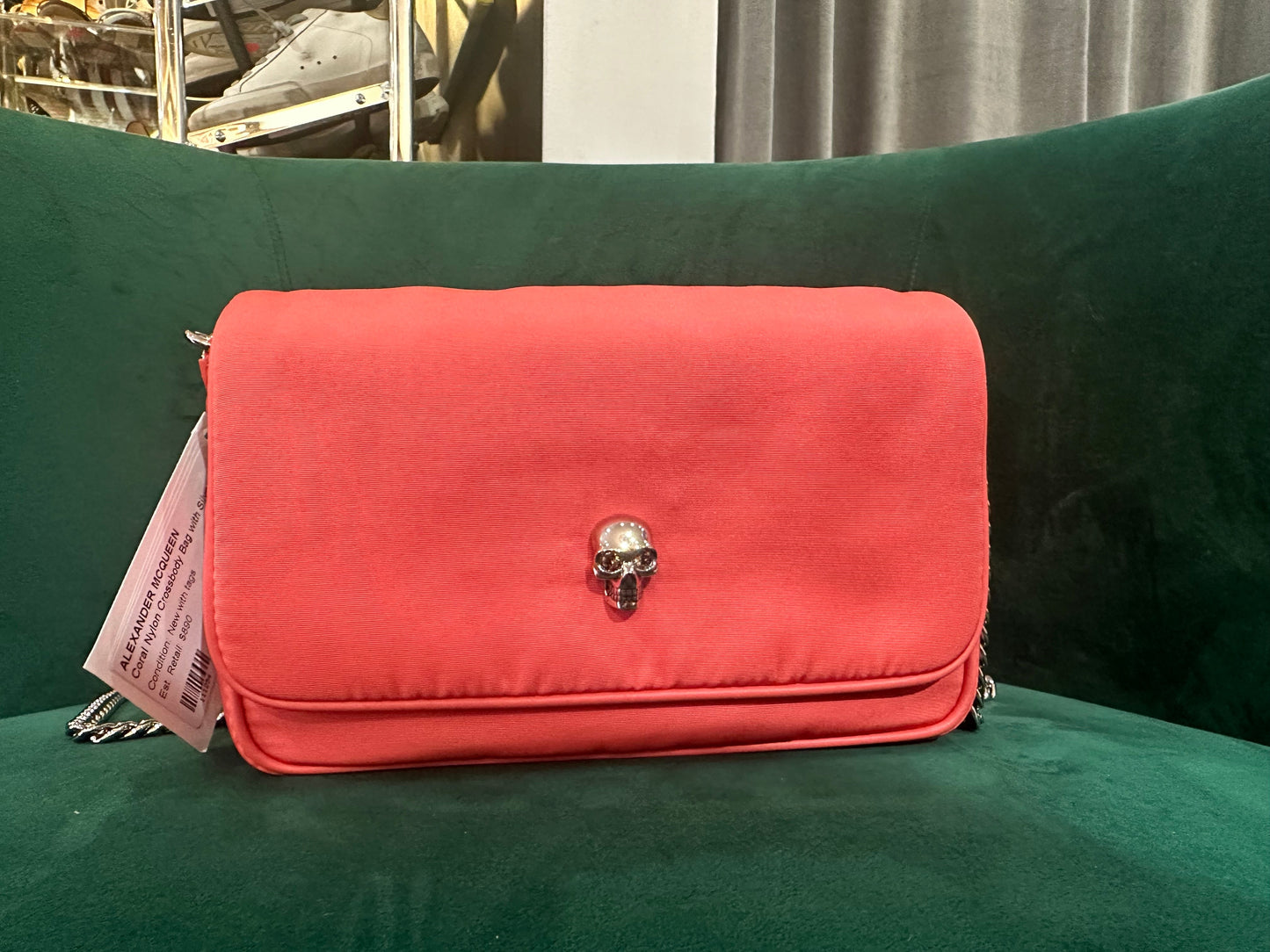 Alexander McQueen Coral Nylon Crossbody Bag with Silver Skull and Chain