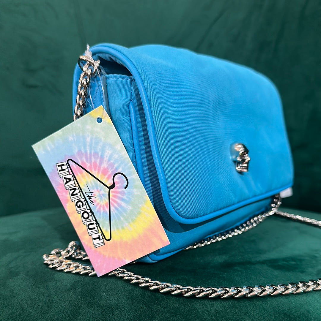 Alexander McQueen "Beautiful" Aqua Blue Nylon Crossbody Blue with Silver Skull and Chain