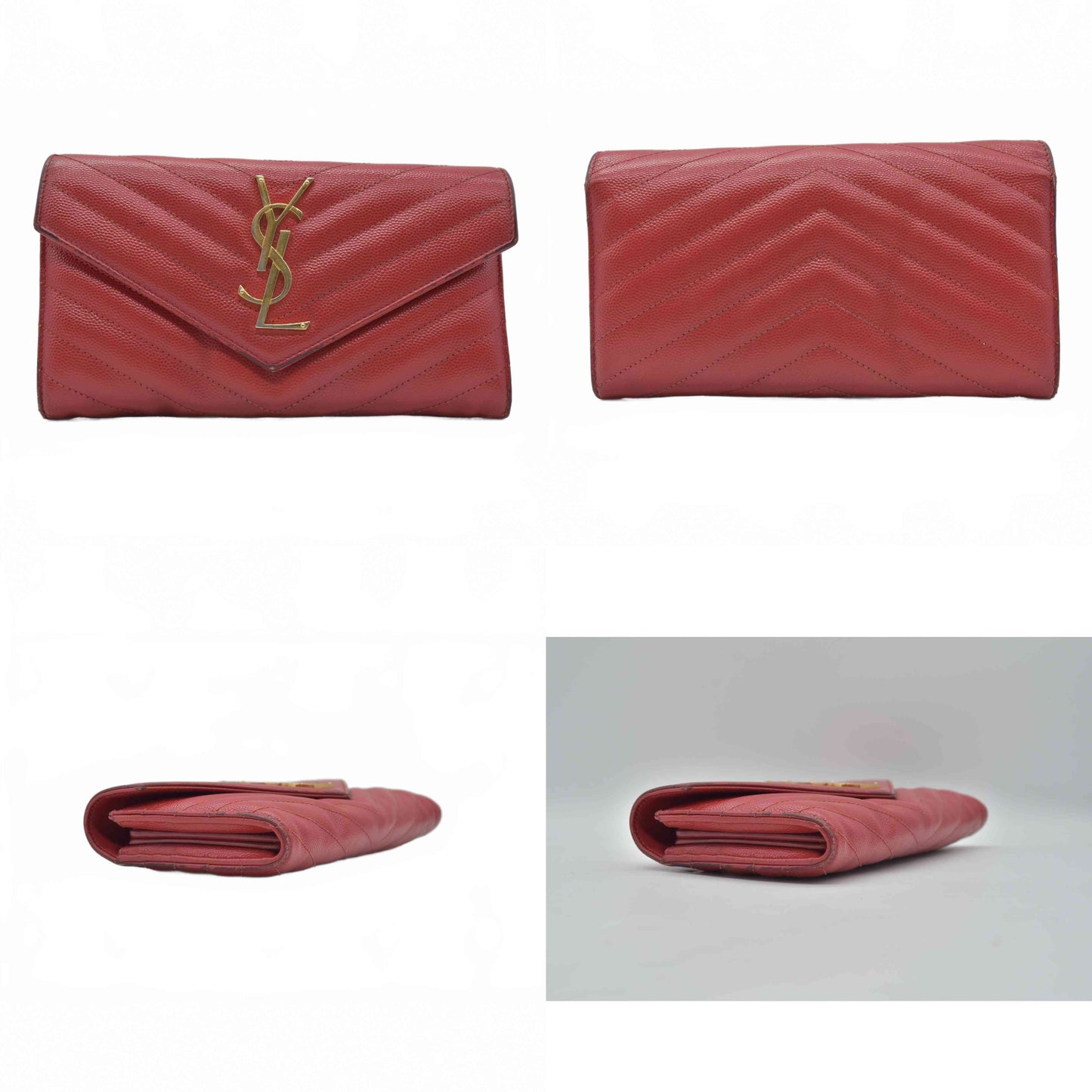 $750 Saint Laurent Grain De Poudre Matelasse Chevron Monogram Flap Wallet Red