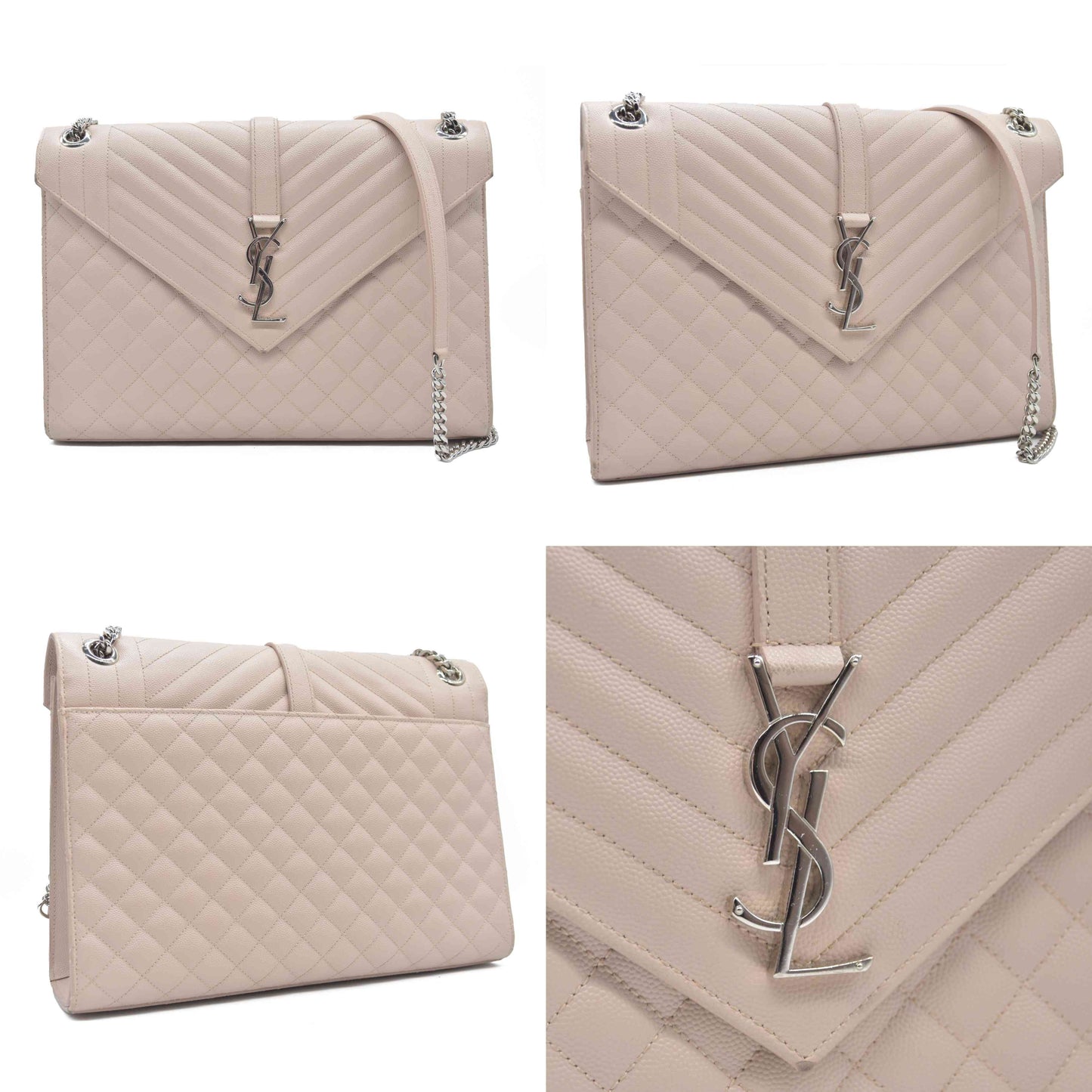 $3200 Saint Laurent Grain De Poudre Textured Mixed Matelasse Large Triquilt Monogram Satchel Light Pink