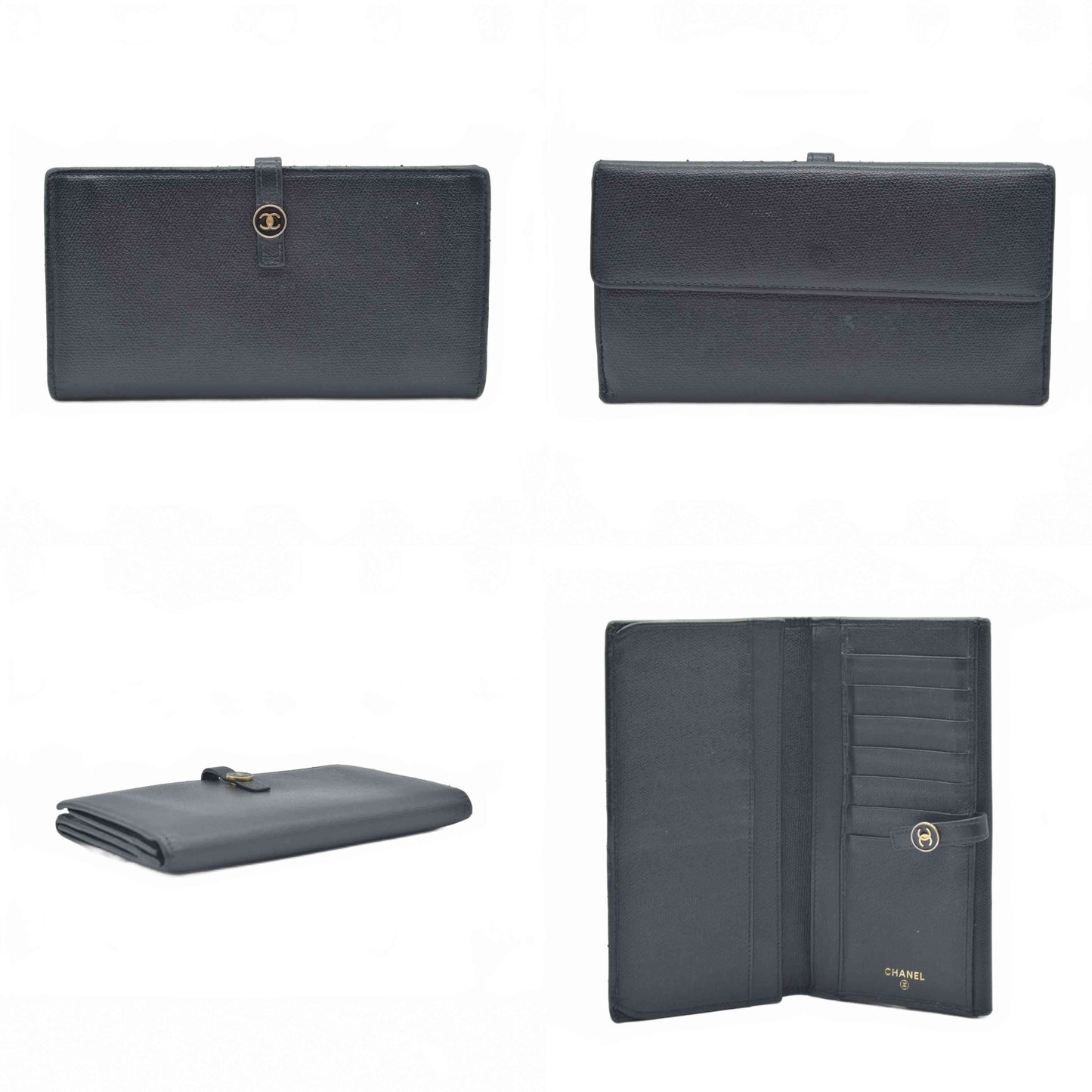 $925 2005 Chanel Grained Calfskin CC Button Long Wallet Black