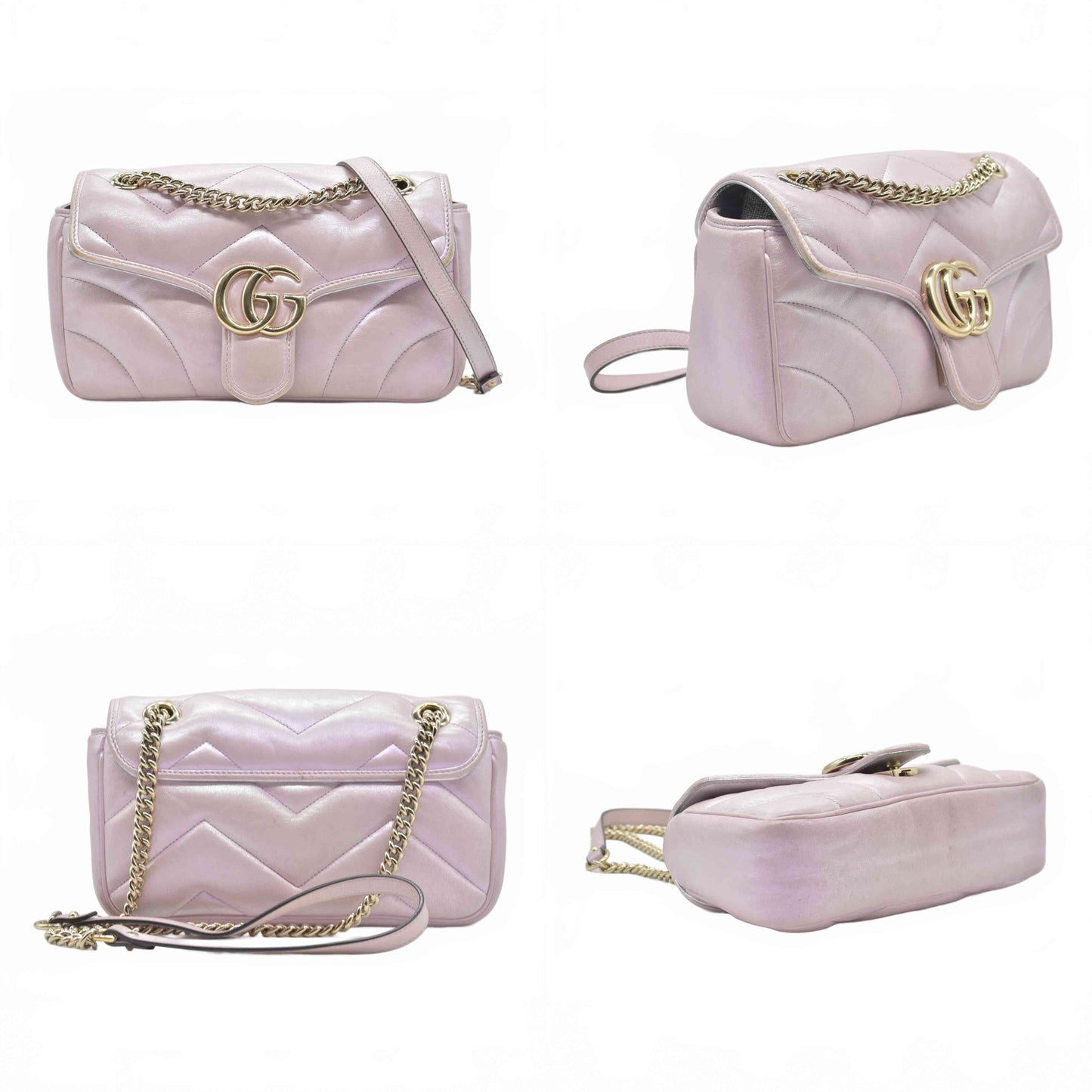 $3600 Gucci Iridescent Nappa Chevron Matelasse Small GG Marmont Shoulder Bag Iridescent Escape Pink