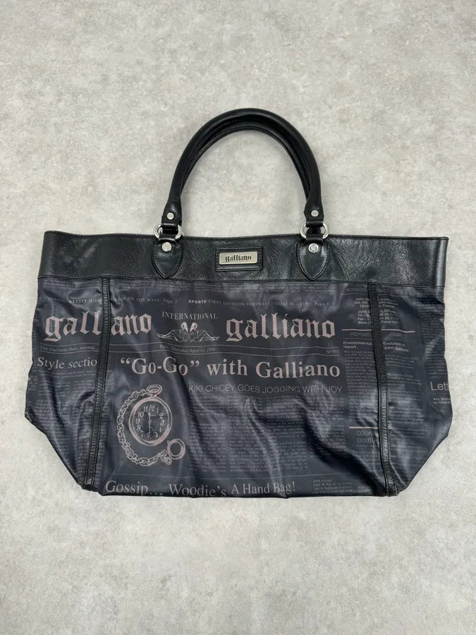 John Galliano Black Hybrid Leather Magazine Newspapers Gazette Handle Bag