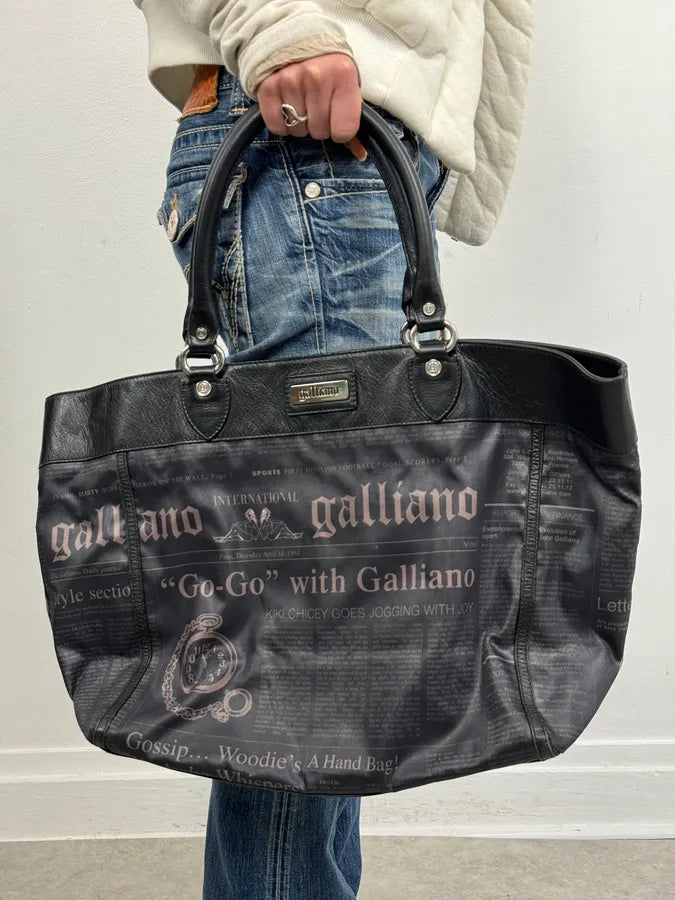 John Galliano Black Hybrid Leather Magazine Newspapers Gazette Handle Bag