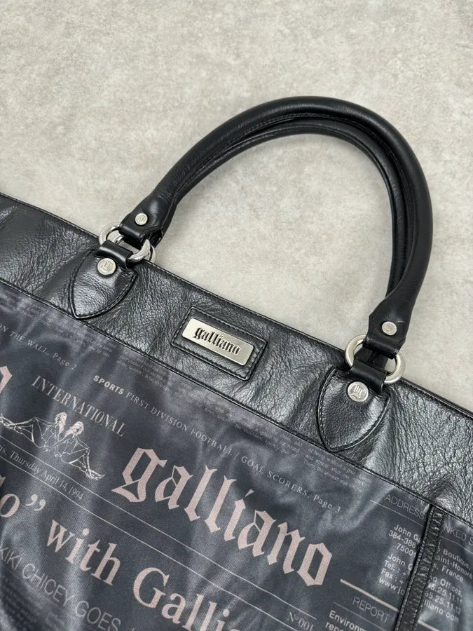 John Galliano Black Hybrid Leather Magazine Newspapers Gazette Handle Bag