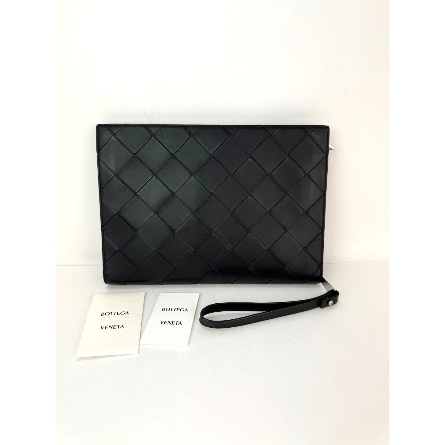 Bottega Veneta Black Leather Maxi Intrecciato Wristlet Clutch