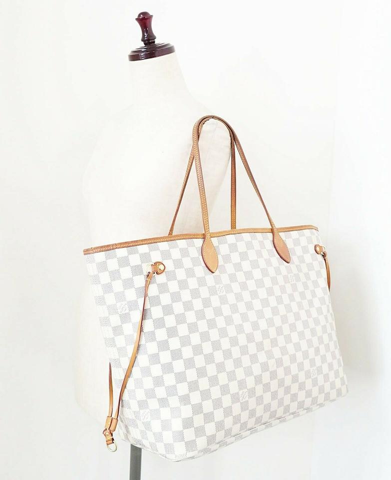Louis Vuitton Neverfull Bag Gm Damier Azur Purse White Leather and Canvas Tote