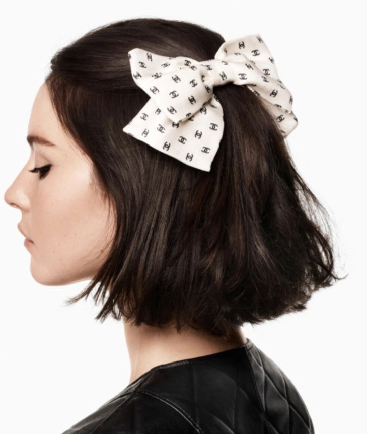 Chanel 2024/2025 Cruise 24C Bow Barrette White with Black CC Print