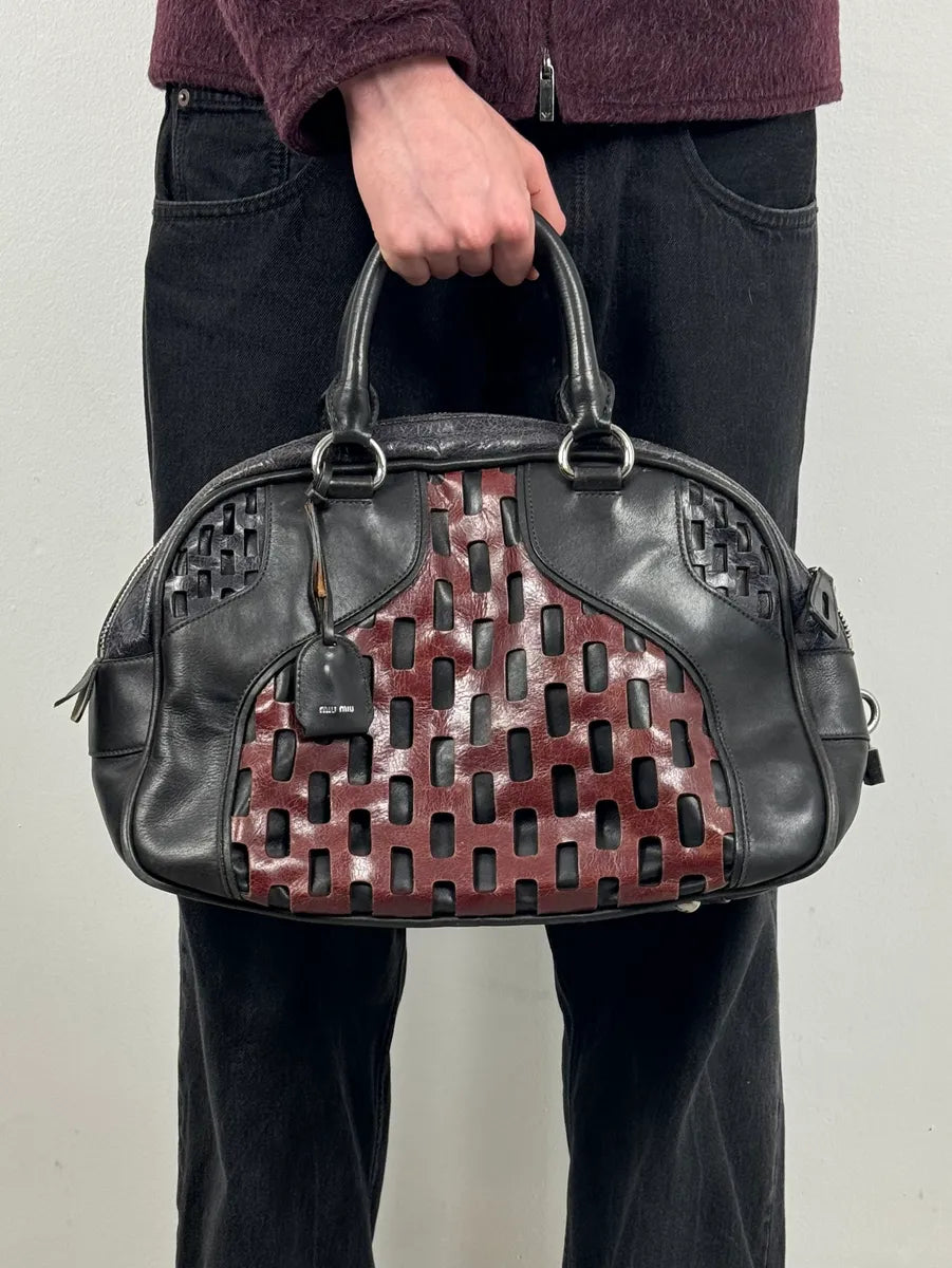 Miu Miu Black Burgundy Leather Bowling Bag