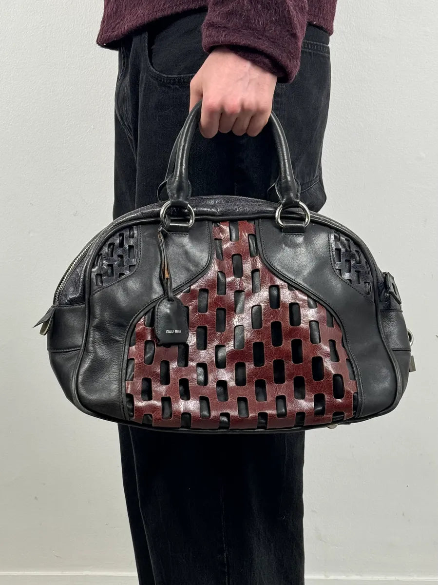 Miu Miu Black Burgundy Leather Bowling Bag