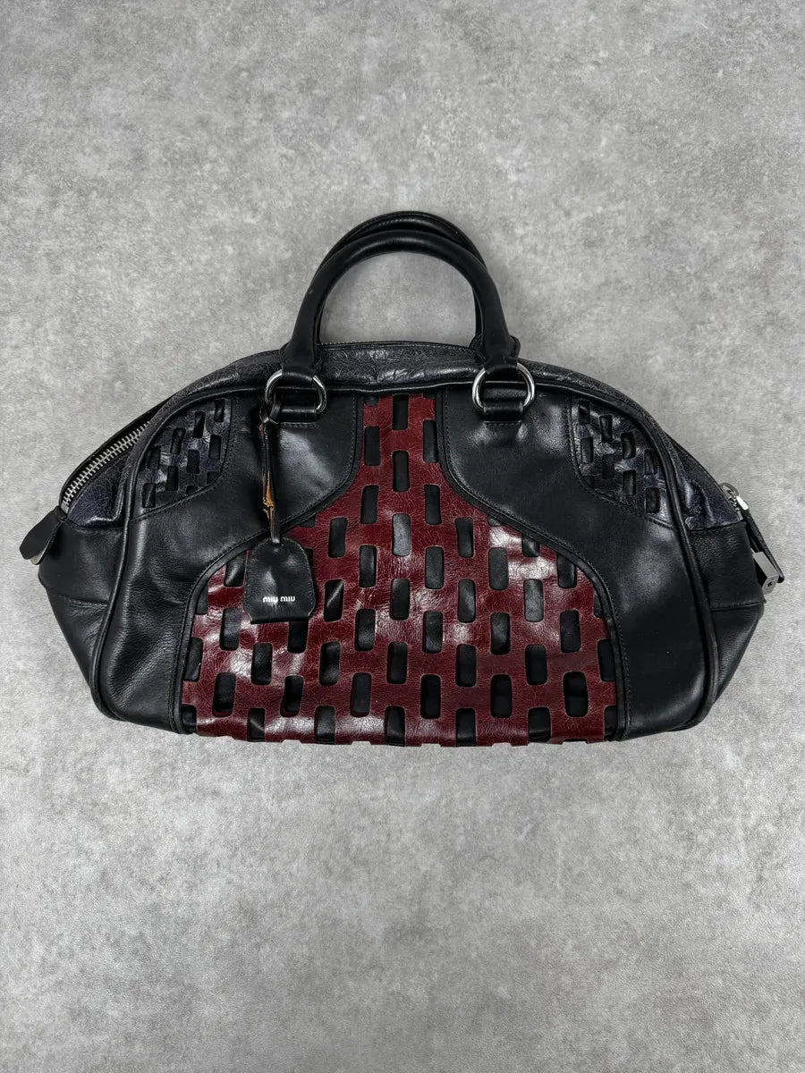 Miu Miu Black Burgundy Leather Bowling Bag