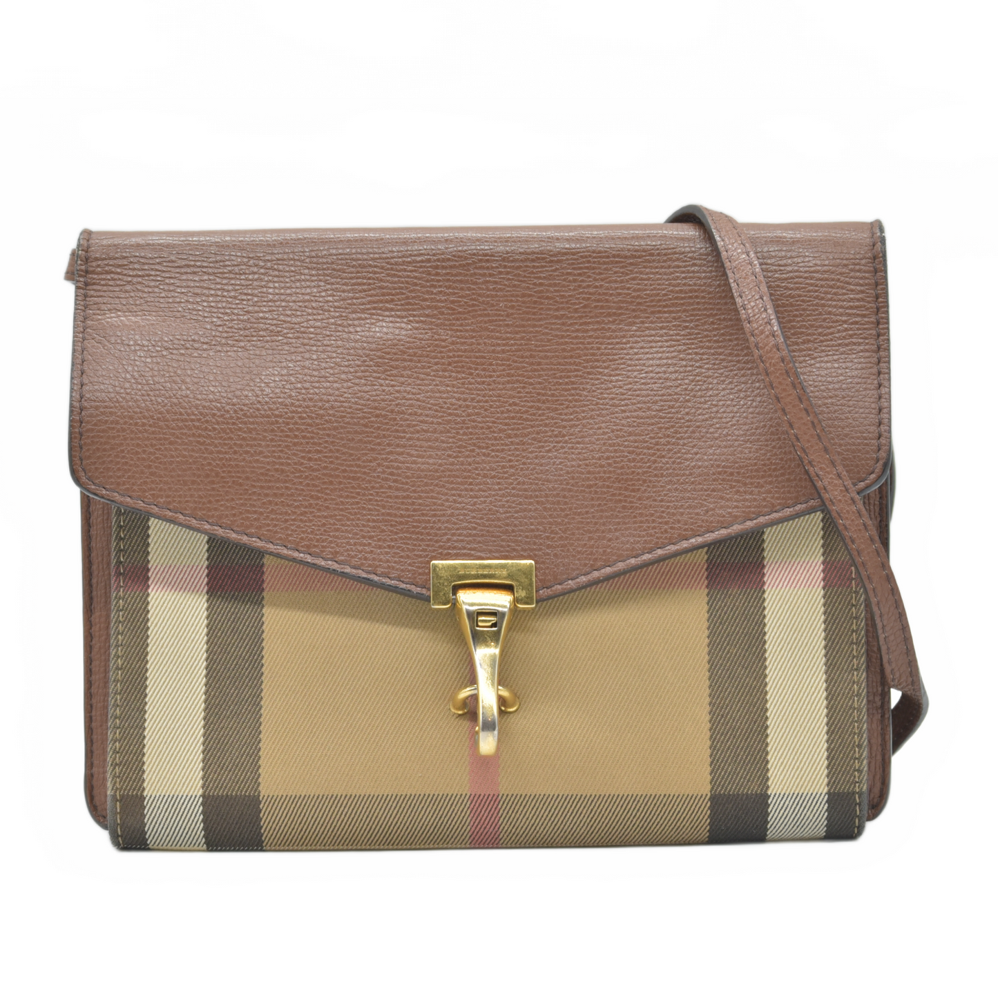 $1290 Burberry Derby Calfskin House Check Small Macken Crossbody Bag Tan