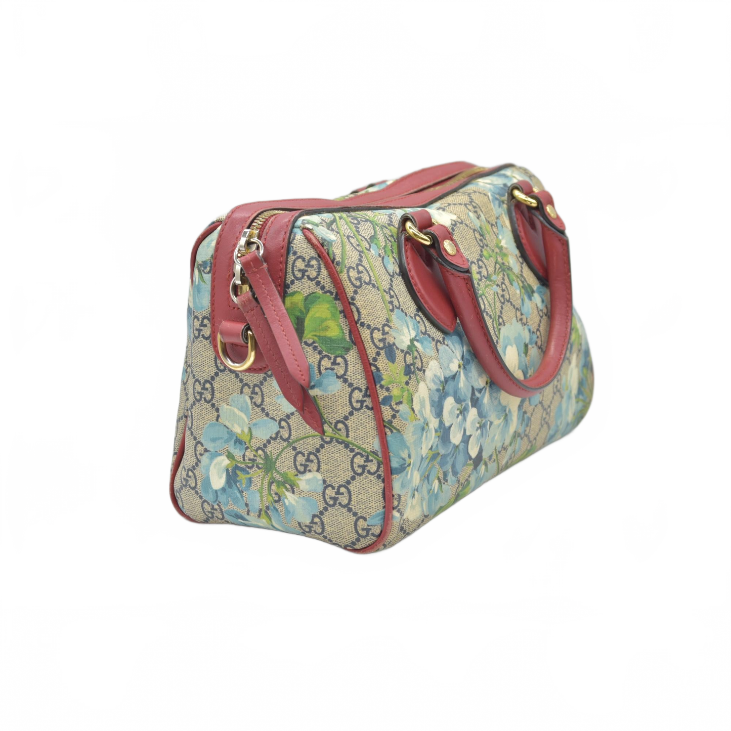 $1390 Gucci GG Supreme Monogram Blooms Small Boston Beige Blue Navy Hibiscus Red