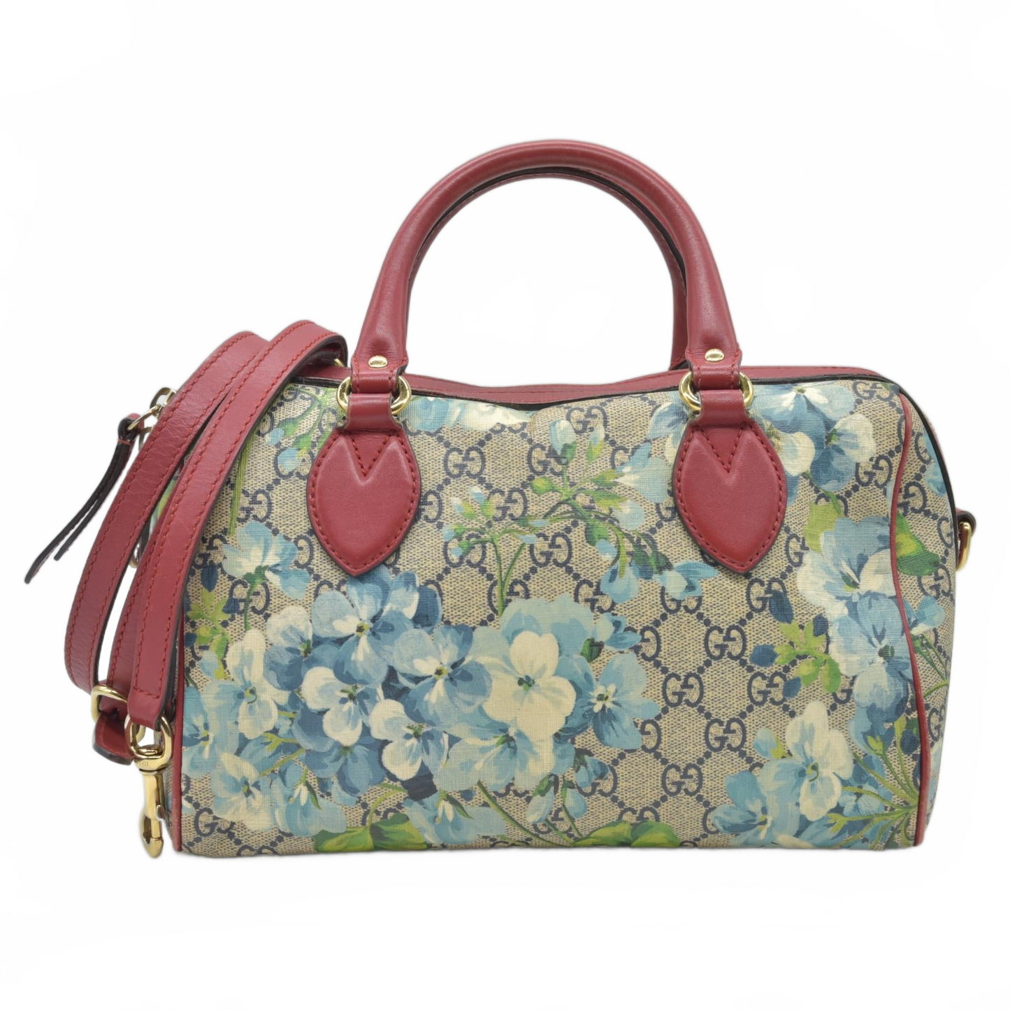 $1390 Gucci GG Supreme Monogram Blooms Small Boston Beige Blue Navy Hibiscus Red