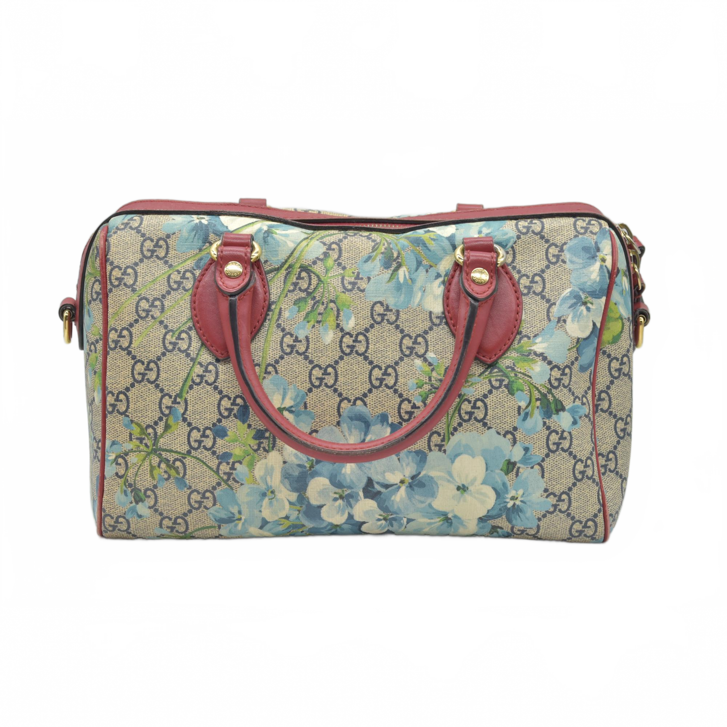 $1390 Gucci GG Supreme Monogram Blooms Small Boston Beige Blue Navy Hibiscus Red