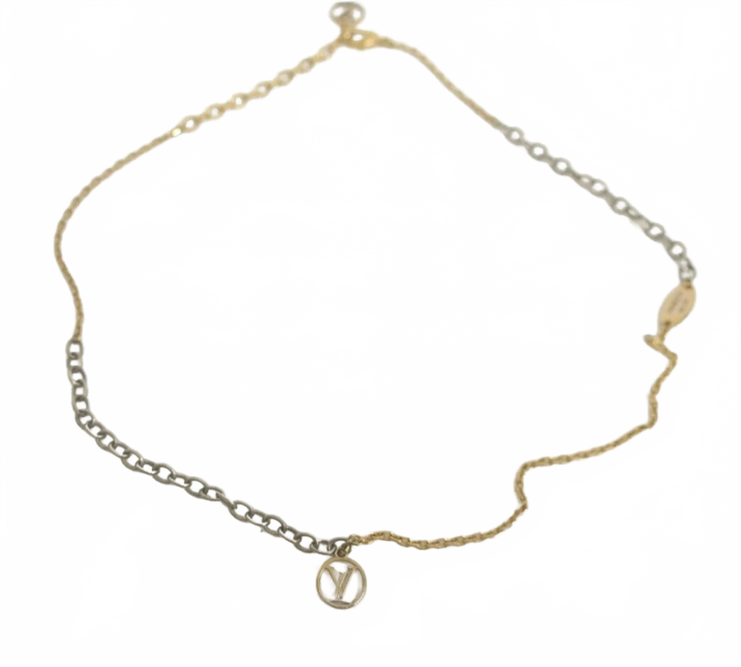 $585 2017 Louis Vuitton Bi-Metal Logomania Necklace Gold Silver OB1107