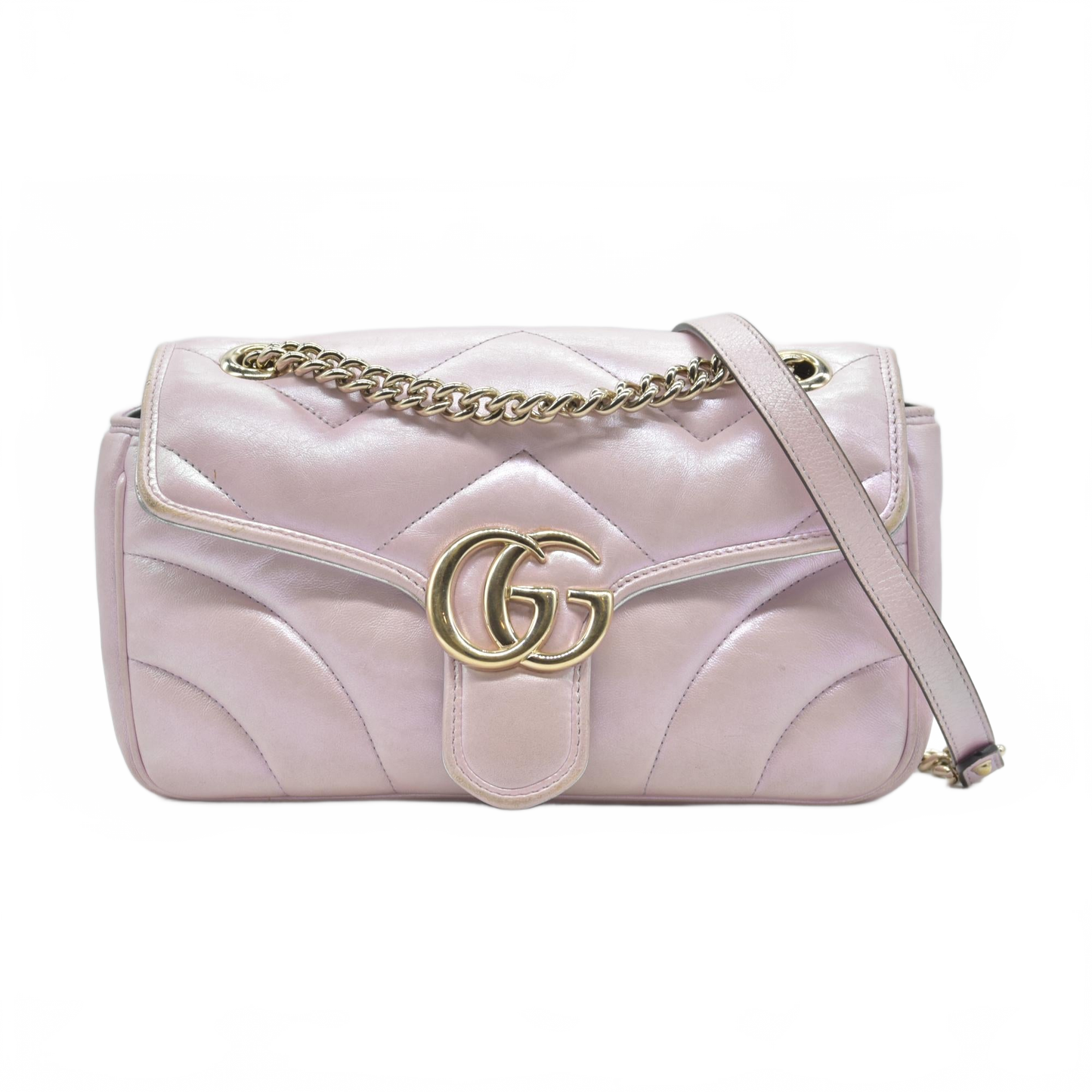 $3600 Gucci Iridescent Nappa Chevron Matelasse Small GG Marmont Shoulder Bag Iridescent Escape Pink