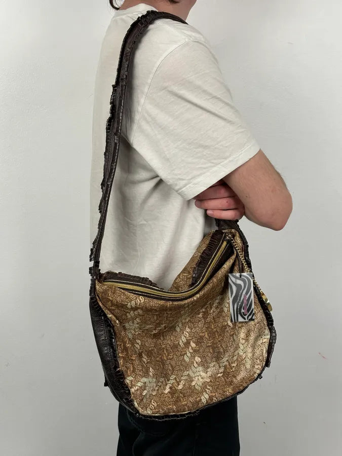 Roberto Cavalli Brown Crushed Velvet Hobo Shoulder Bag