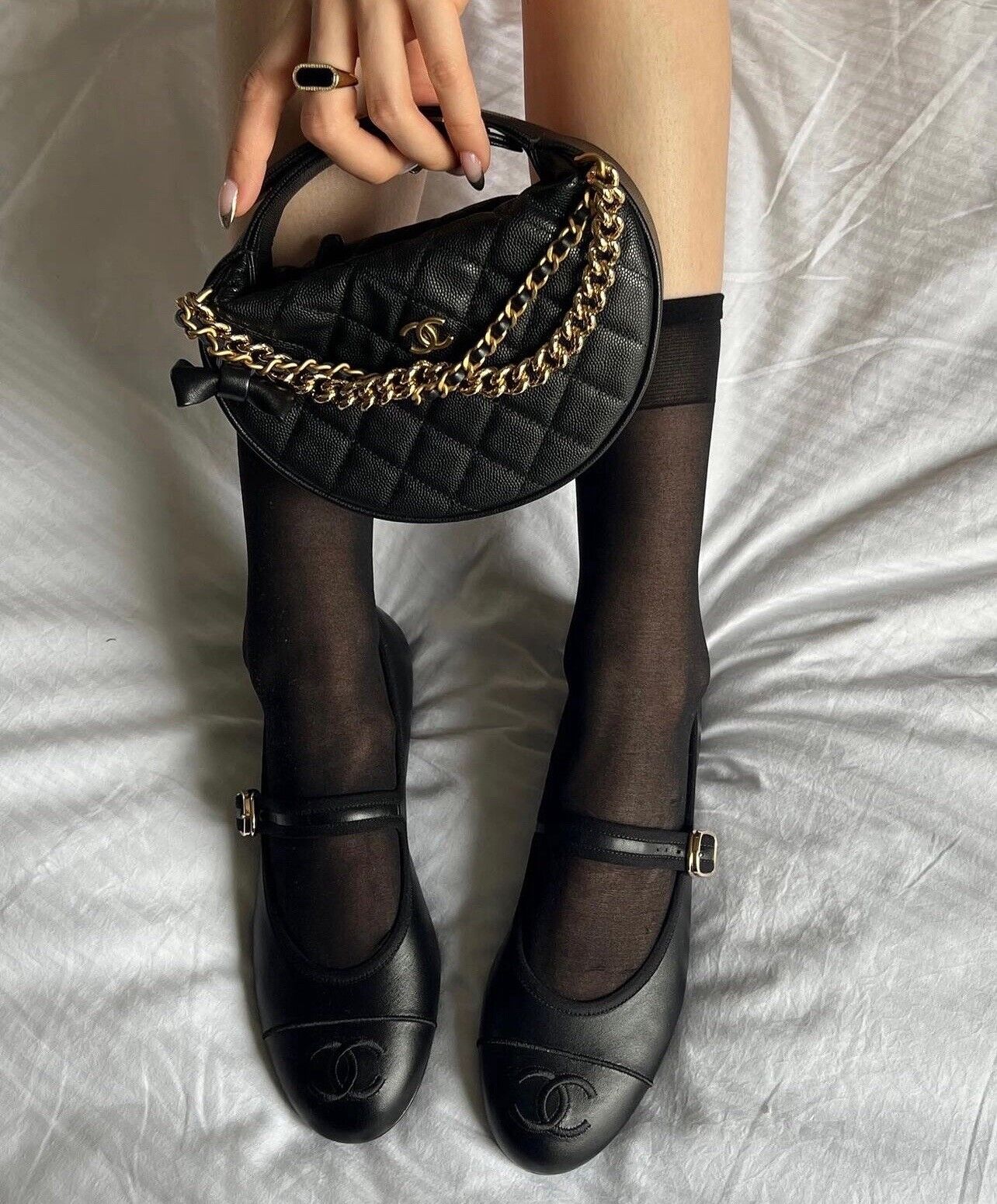 Chanel 25S Black Lambskin Leather Mary Janes Flats Logo With Strap Size 38