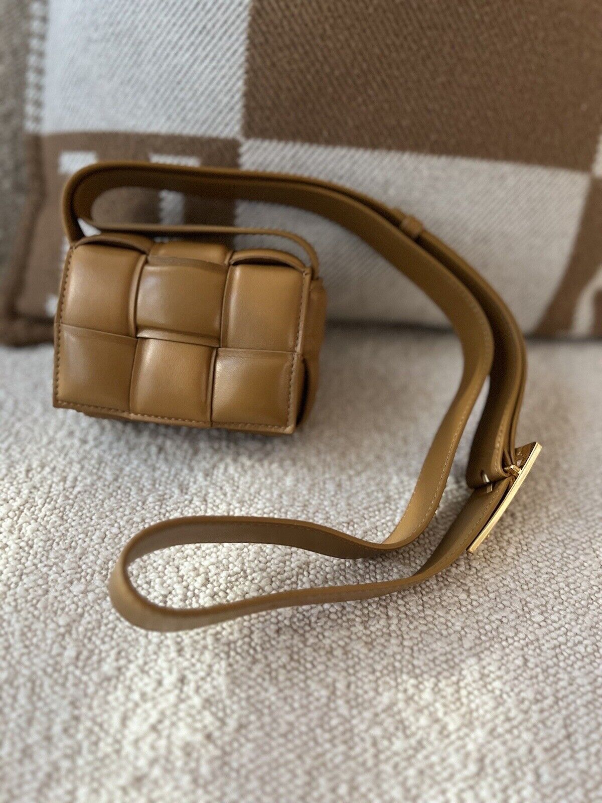 Bottega Veneta Beige Woven Logo Detailed Padded Crossbody Bag