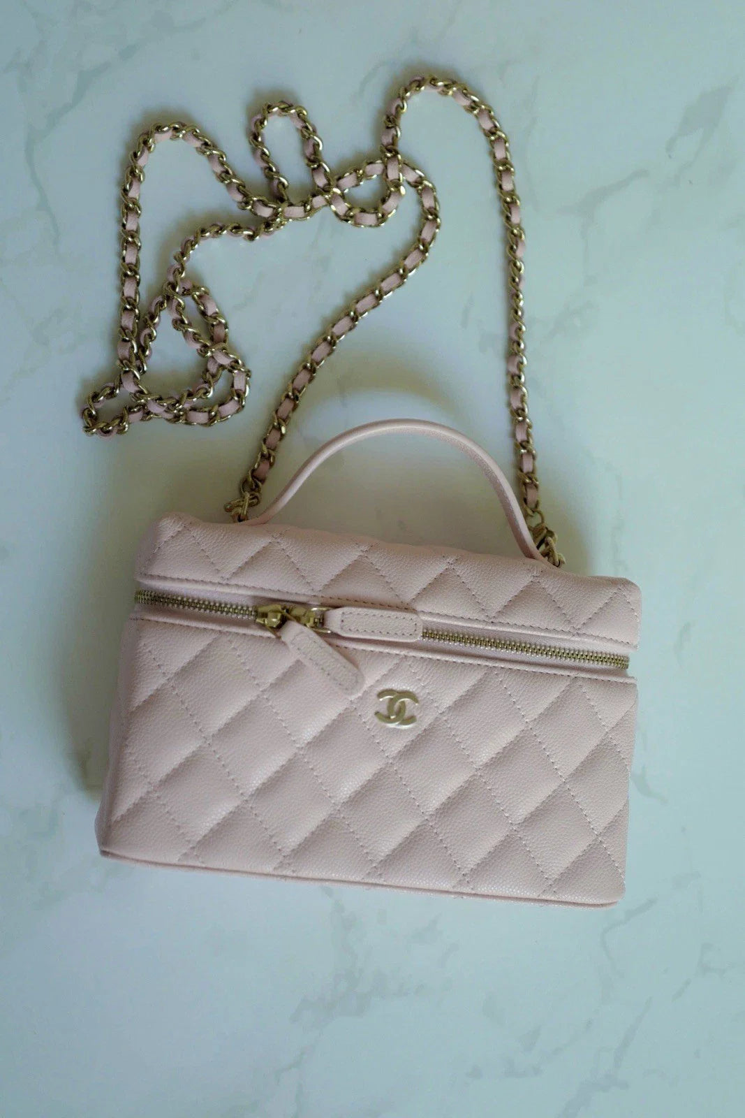 BNIB Chanel 25C Vanity Bag with Chain In Pink Grained Calfskin Leather
