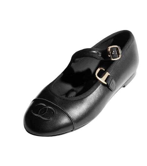 Chanel 25S Black Lambskin Leather Mary Janes Flats Logo With Strap Size 38