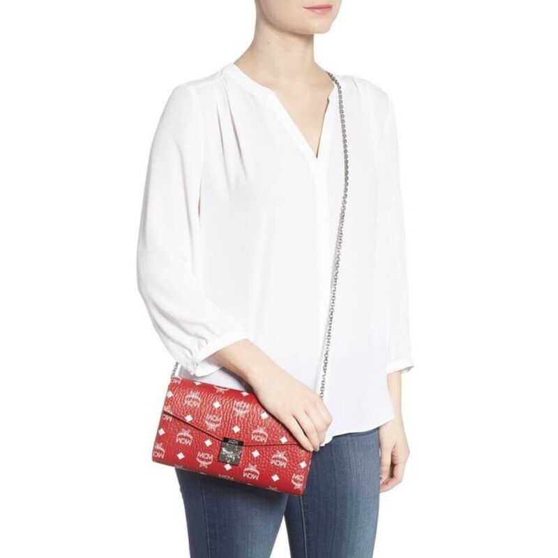 MCM Millie Visetos Wallet On A Chain Red Coated Canvas Cross Body Bag