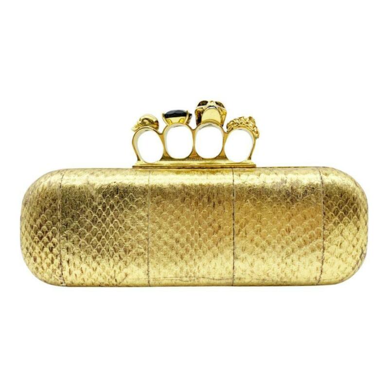 Alexander McQueen Knuckle Duster Metallic Skull Gold Snakeskin Leather Clutch