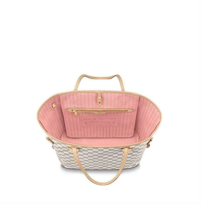 Louis Vuitton Neverfull Mm Rose Ballerine with Pouch 2019 White Damier Azur