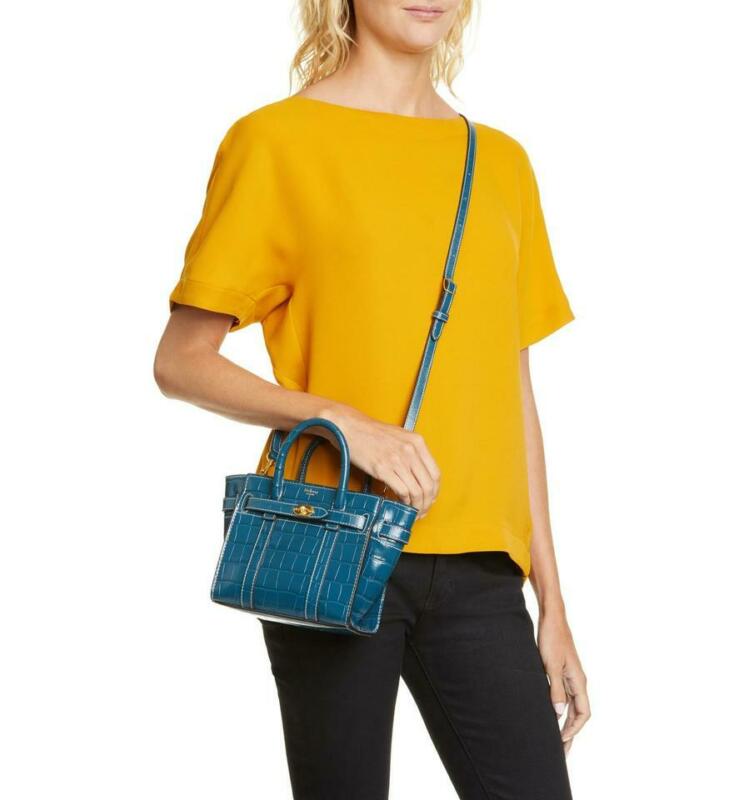 Mulberry Micro Bayswater Croc Embossed Satchel Blue Leather Shoulder Bag