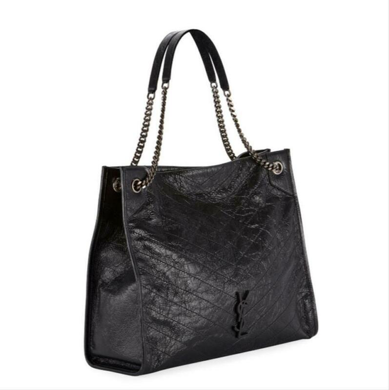 Saint Laurent Niki Large Crinkled Calf Shopper Black Leather Tote