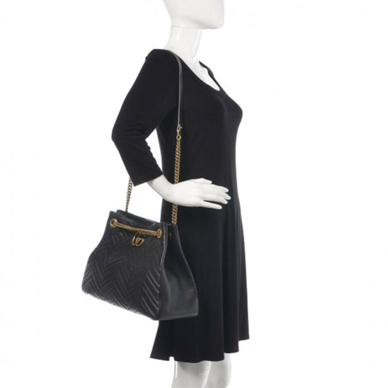 Gucci Marmont Gg Matelasse Black Calfskin Leather Shoulder Bag