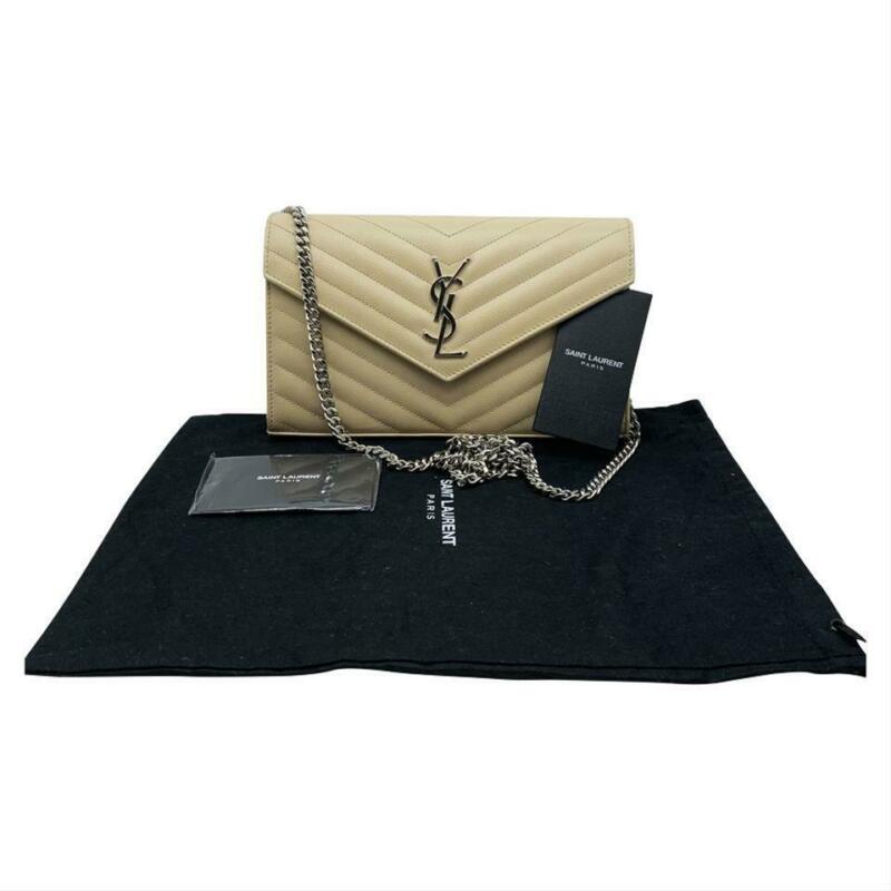 Saint Laurent Monogram Medium Wallet On A Chain Woc Beige Leather Cross Body Bag