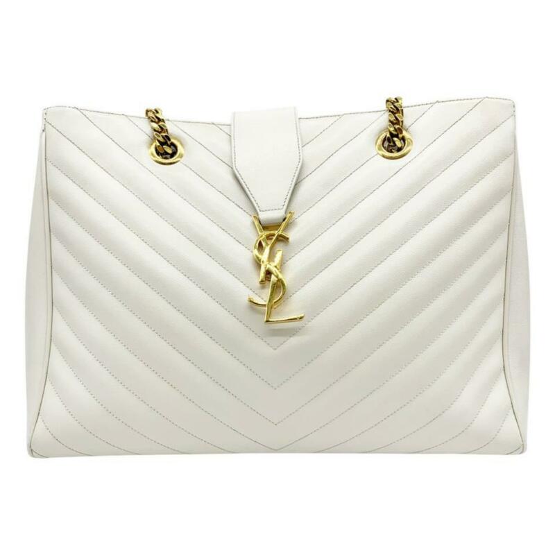 Saint Laurent Monogram Shopping Grain De Poudre Matelasse Chevron White Leather