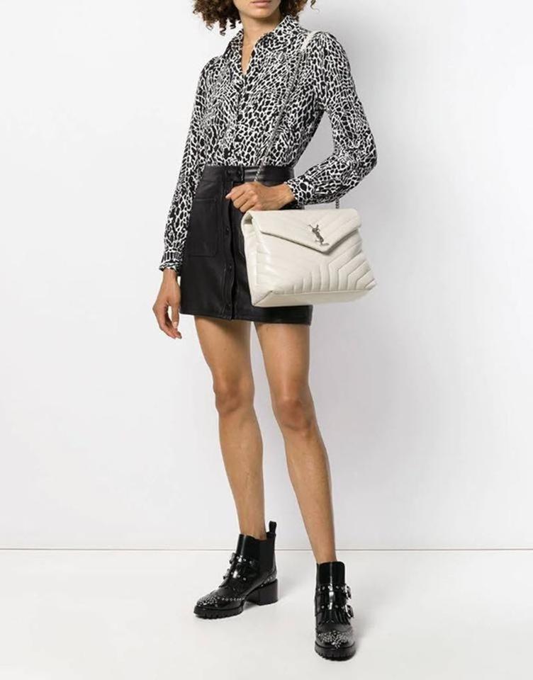 Saint Laurent Monogram Loulou Calfskin Matelasse Medium Monogram Chain Satchel White Leather Shoulder Bag