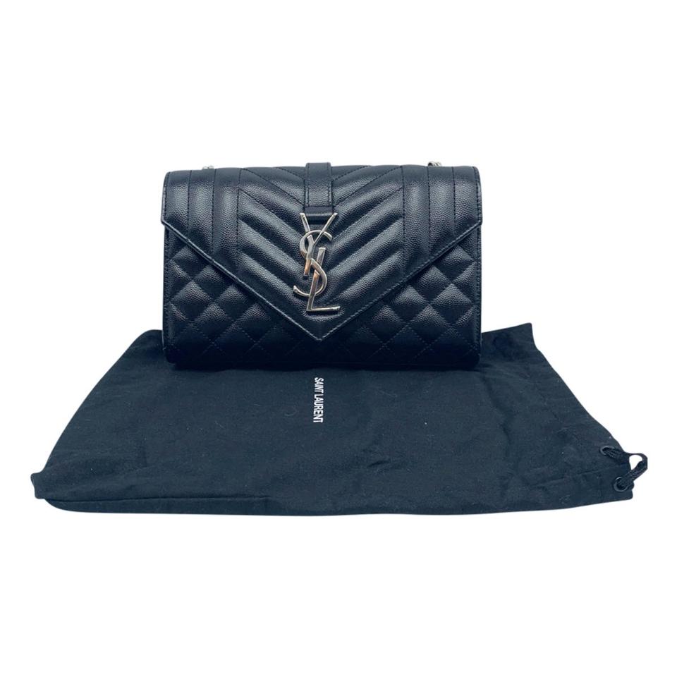Saint Laurent Monogram Ysl Envelope Small Chain - Silver Hardware Black Leather Shoulder Bag