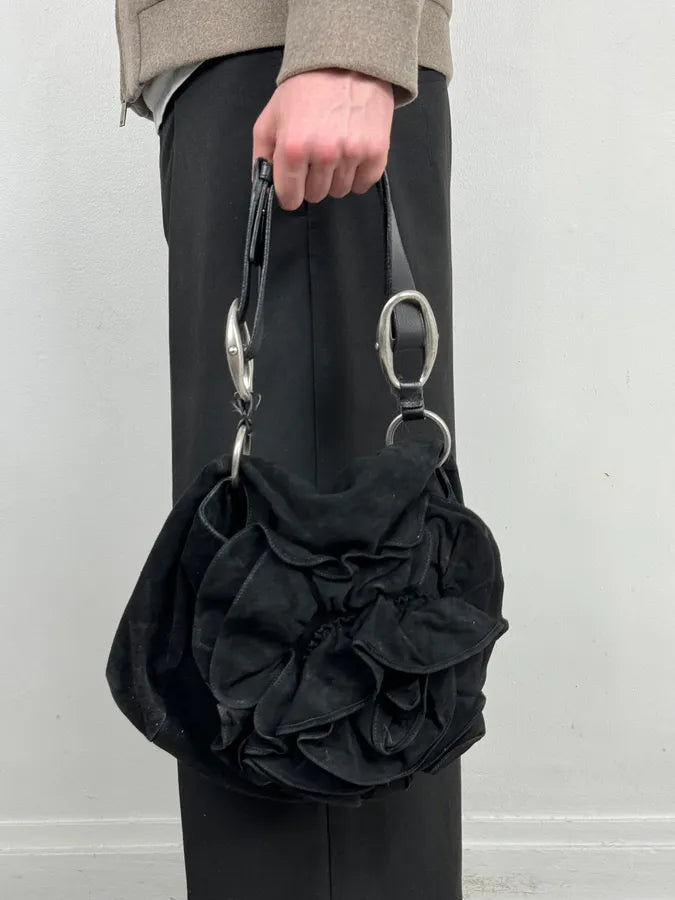 SS2003 Yves Saint Laurent Black Suede Roses Leather Handle Bag